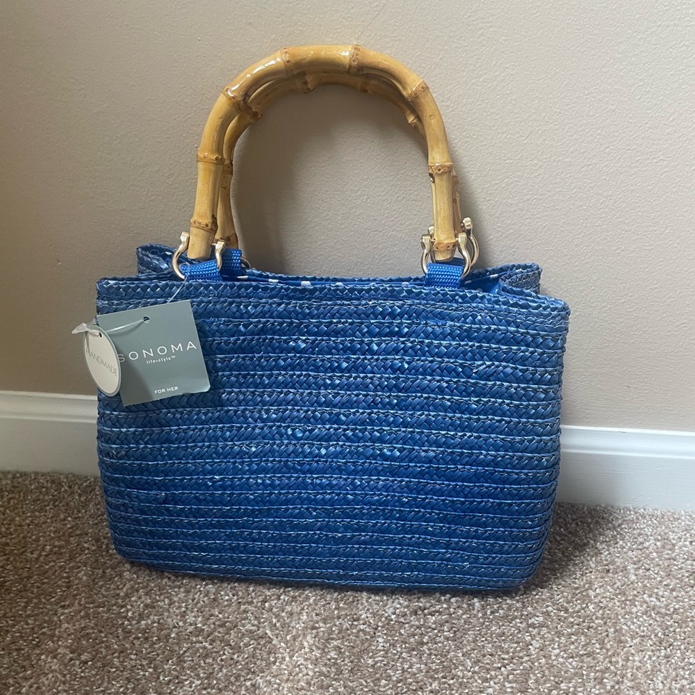 Sonoma Blue Woven Tote with Bamboo Handles